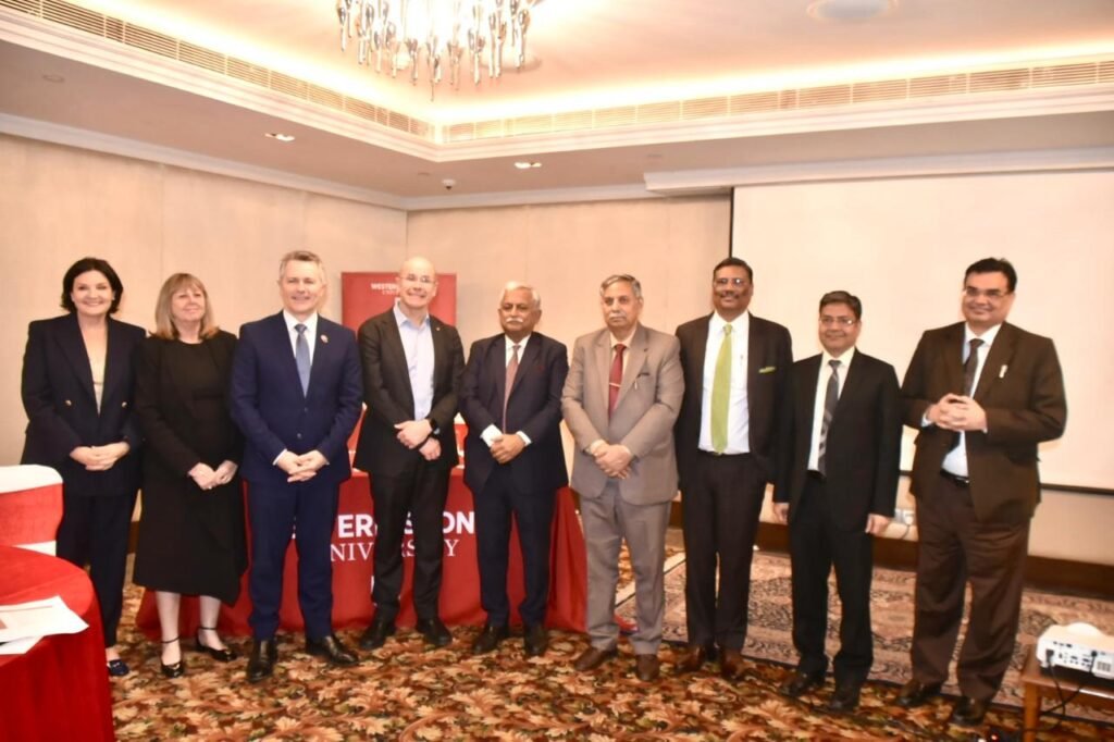 Dignitaries from Western Sydney University, GNIDA and government agencies standing together at the Greater Noida campus partnership event
