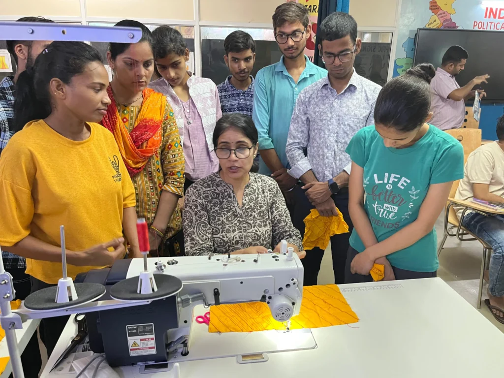 Students take part in tailoring skill training at Noida Deaf Society in Noida.
