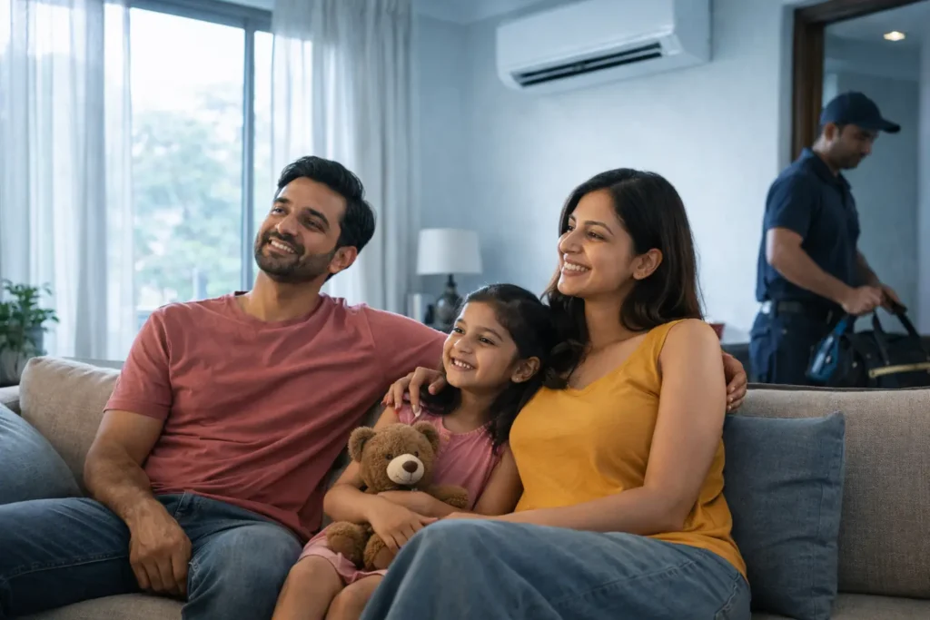 Indian family relaxing comfortably after AC servicing while a technician packs up in the background