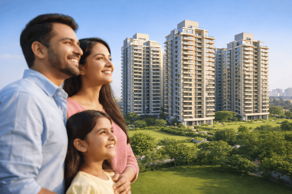 Young Indian family standing before a modern apartment complex in Noida, representing affordable housing aspirations in 2026.