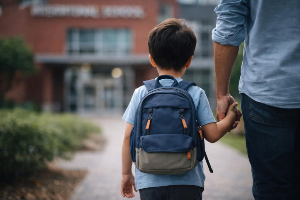 AI-generated representational image of a child walking with a parent toward a school campus in Noida during the admissions research process
