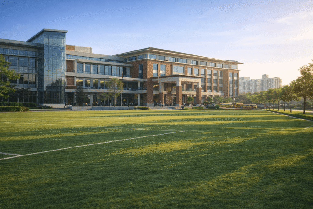 Modern international school campus in Greater Noida with sports field, tree-lined driveway, and school buses.