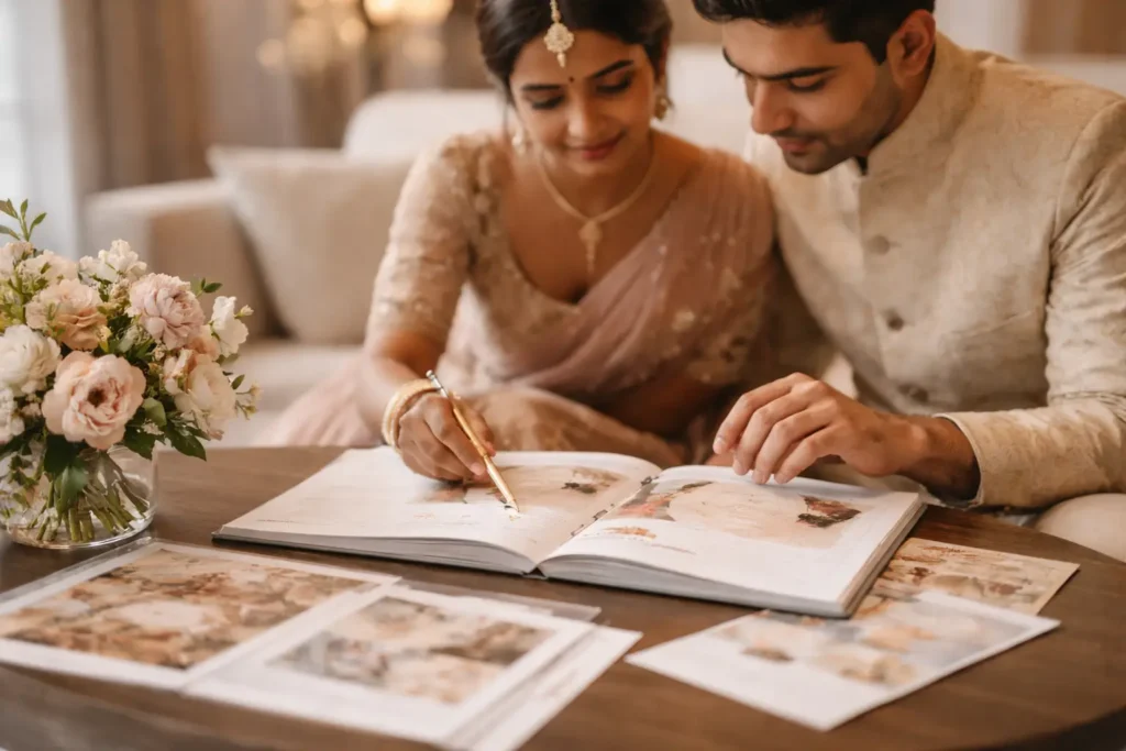 Indian couple reviewing wedding planner and venue brochures for banquet hall booking in Noida