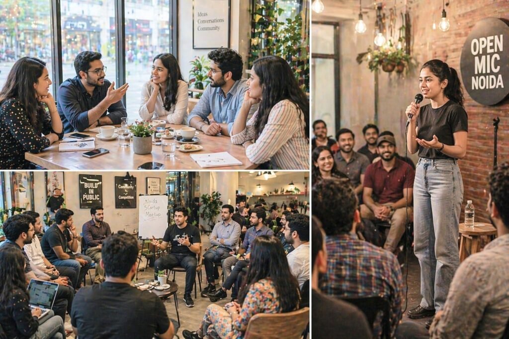 People attending a cafe meetup, startup discussion, and open mic event in Noida