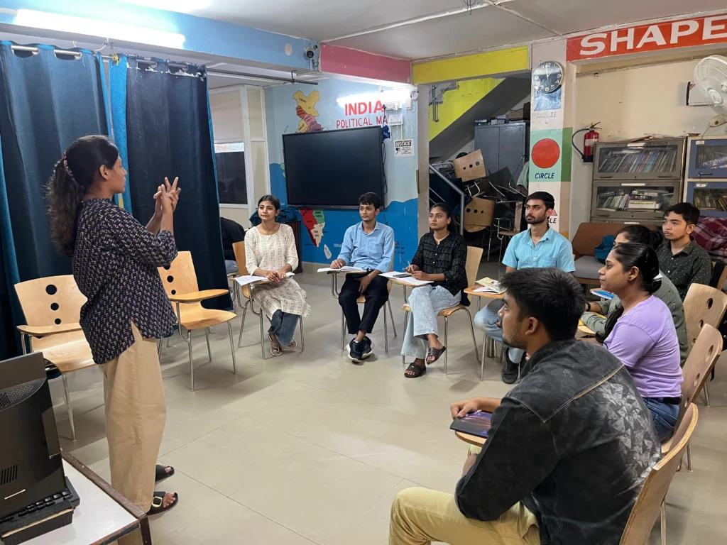 Students attend a discussion session at Noida Deaf Society in Noida.