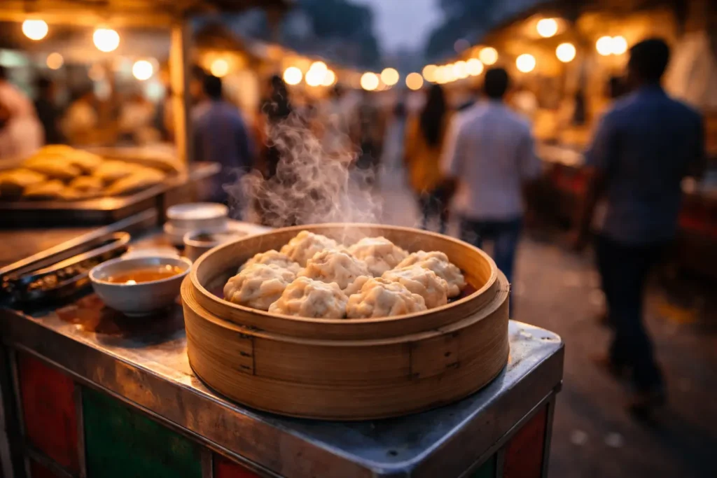 Steaming momos in a bamboo basket at a busy evening street food lane in Noida