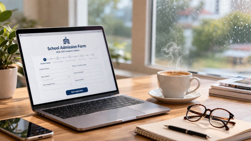 AI-generated representational image of a laptop displaying a school admission form for the 2026-2027 session