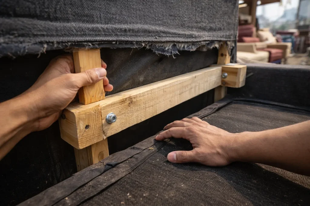 AI-generated representational close-up of a budget sofa frame inspection showing wooden joints and base support in a furniture market