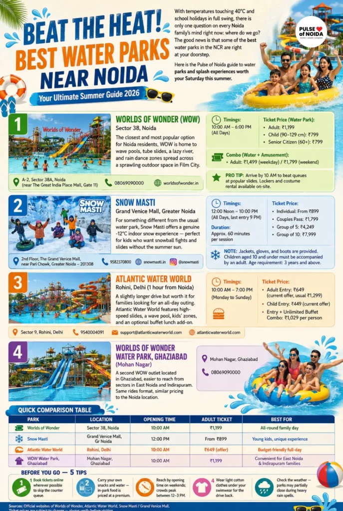Illustrated guide to popular water parks and summer splash experiences near Noida, including Worlds of Wonder, Snow Masti, Atlantic Water World and Ghaziabad water park.