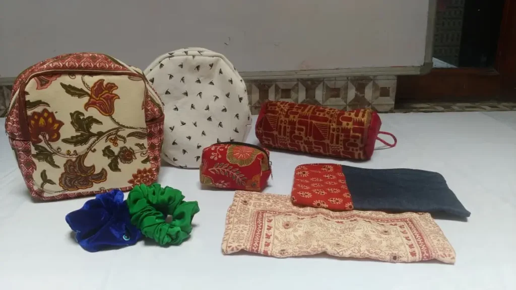 Pouches made from donated and discarded cloth by women in SADRAG Noida programme