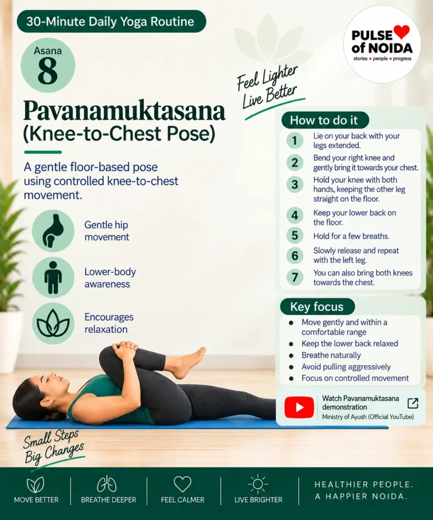 Pavanamuktasana Knee-to-Chest Pose in the Pulse of Noida 30-minute daily yoga routine
