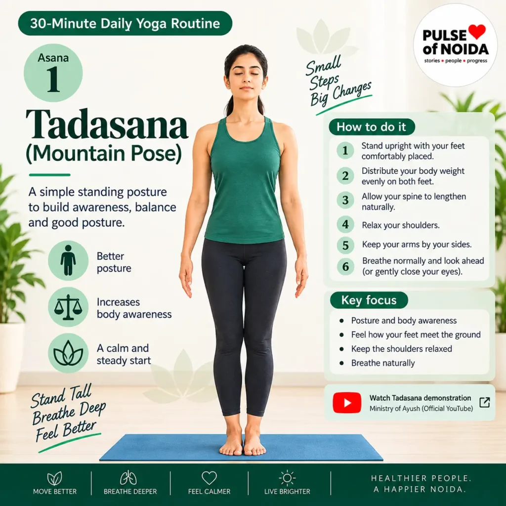 Tadasana or Mountain Pose illustrated step-by-step yoga guide.