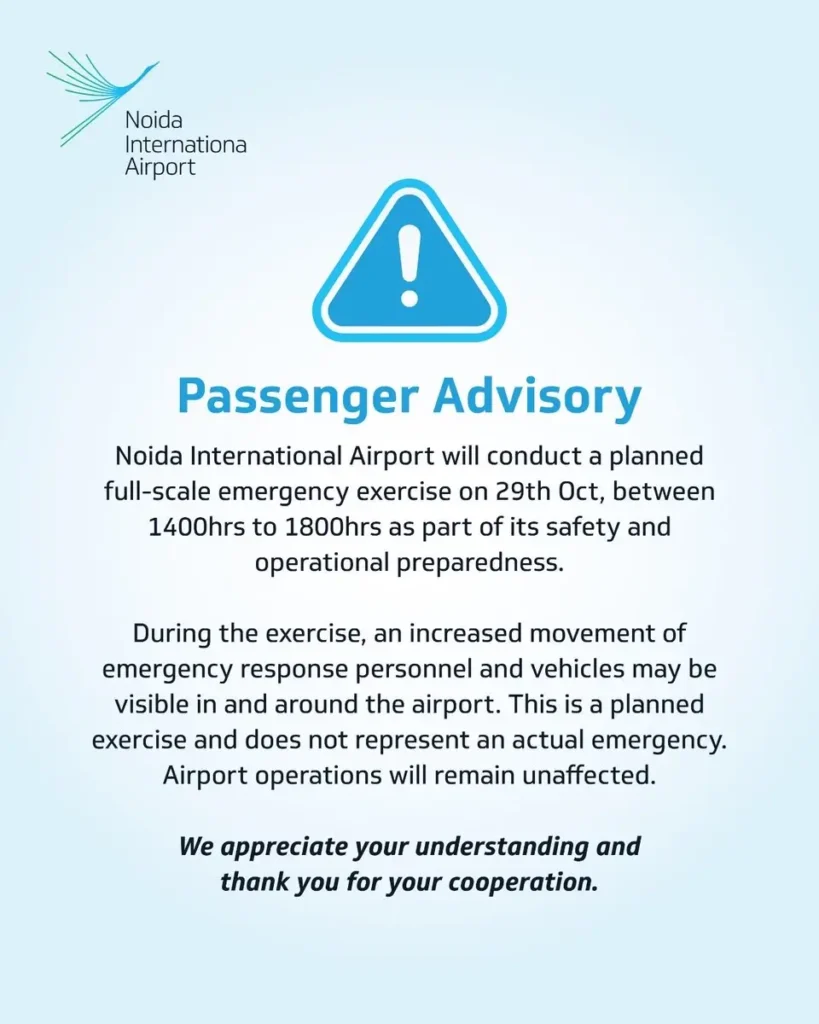 Official Noida International Airport passenger advisory announcing a planned emergency drill on October 29, 2026, from 2 pm to 6 pm.