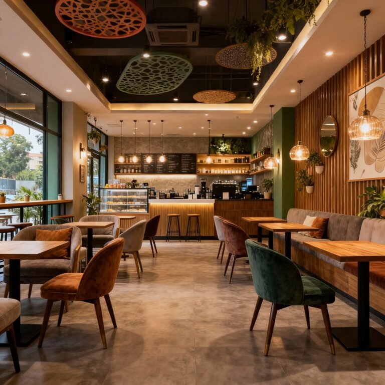 Stylish modern Noida café interior with creative decor and cozy seating, reflecting the city’s evolving café culture and lifestyle.