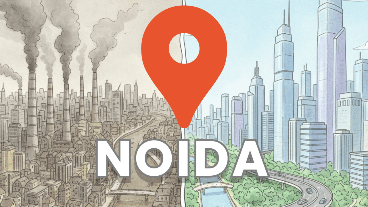 Illustration of Noida city with a location pin icon, showing contrast between pollution and modern green development, used for news stories.