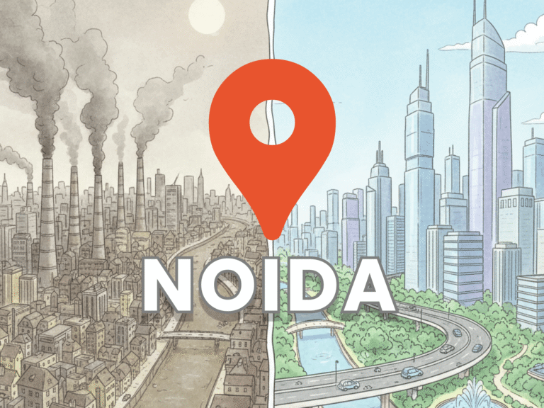 Illustration of Noida city with a location pin icon, showing contrast between pollution and modern green development, used for news stories.