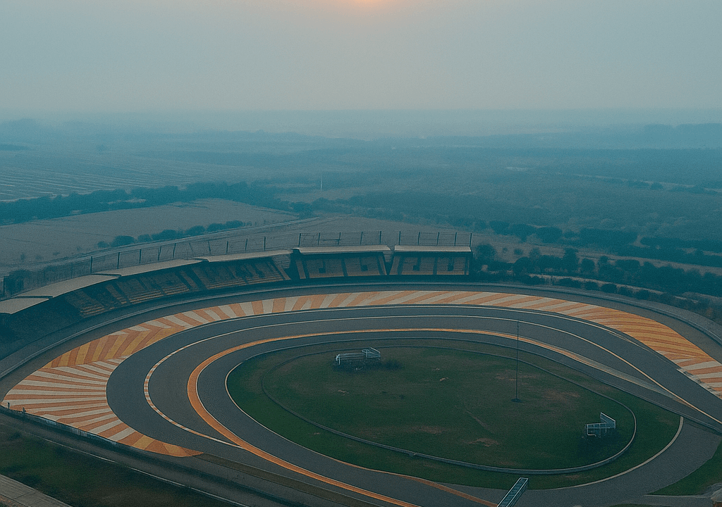 Aerial view of Buddh International Circuit at sunset in Greater Noida, India, showing the racing track curving through open landscape