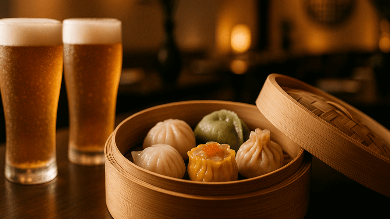 Assorted dim sums in bamboo steamer paired with craft beer glasses at Chao Bella, Crowne Plaza Greater Noida