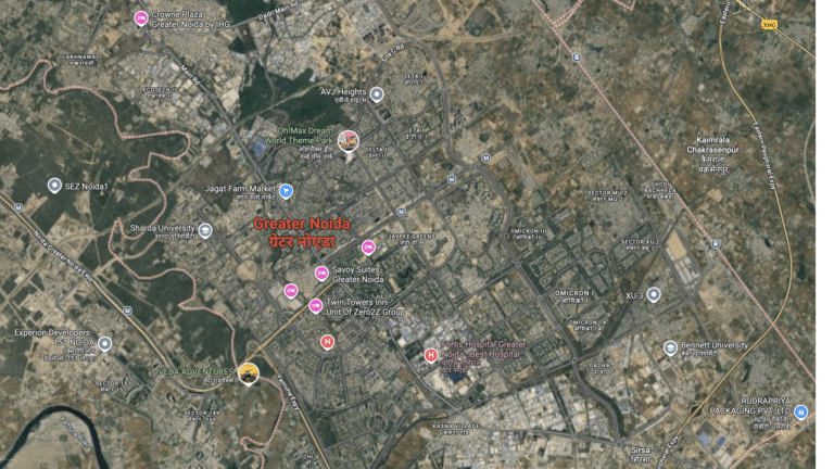 Map highlighting key commercial and institutional zones in Greater Noida for 2025 commercial plot scheme