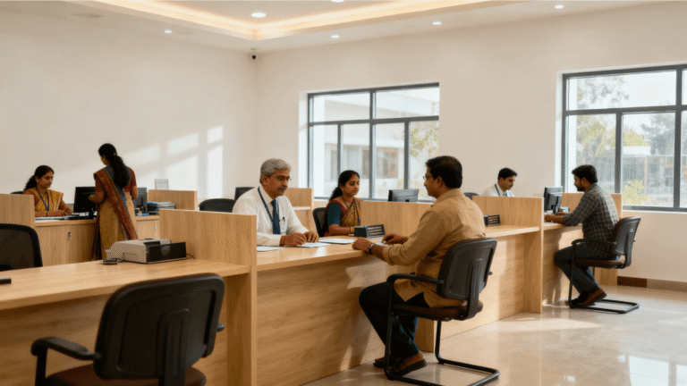 Modern Indian passport office interior with service counters and applicants, no signage or emblem