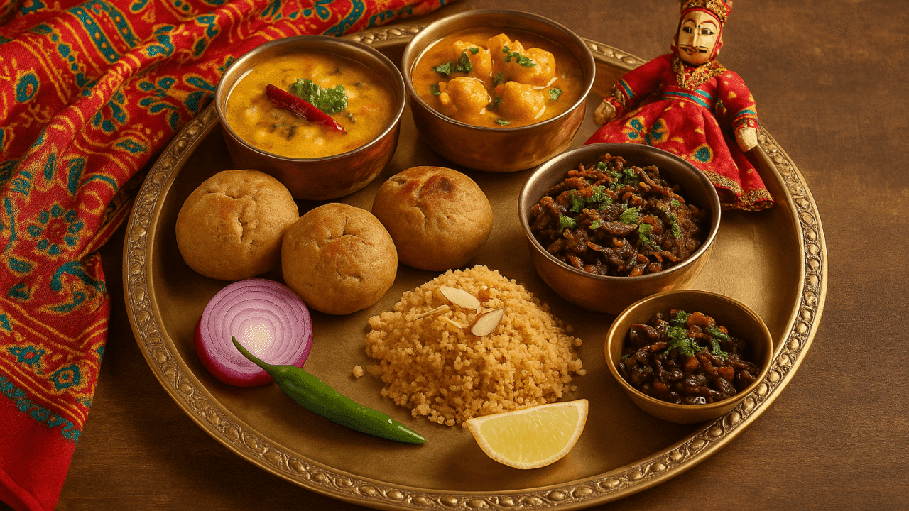 Authentic Rajasthani thali featuring Dal Baati Churma, Gatte ki Sabzi, Ker Sangri, as depicted by Marwadi Khana and chef Abhilasha Jain in Noida.