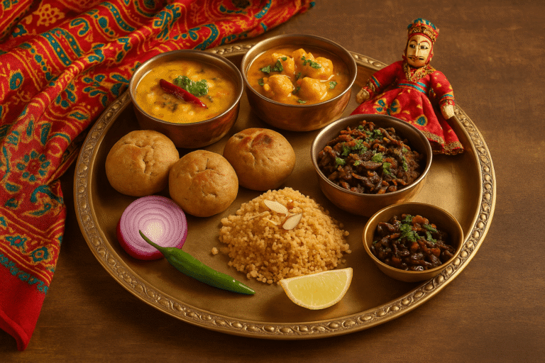 Authentic Rajasthani thali featuring Dal Baati Churma, Gatte ki Sabzi, Ker Sangri, as depicted by Marwadi Khana and chef Abhilasha Jain in Noida.