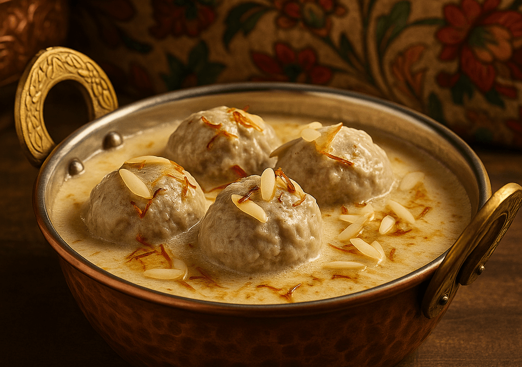 Authentic Kashmiri Gushtaba by Chef Nalini Sadhu at Matamaal Noida, served in a traditional copper bowl with saffron and almonds