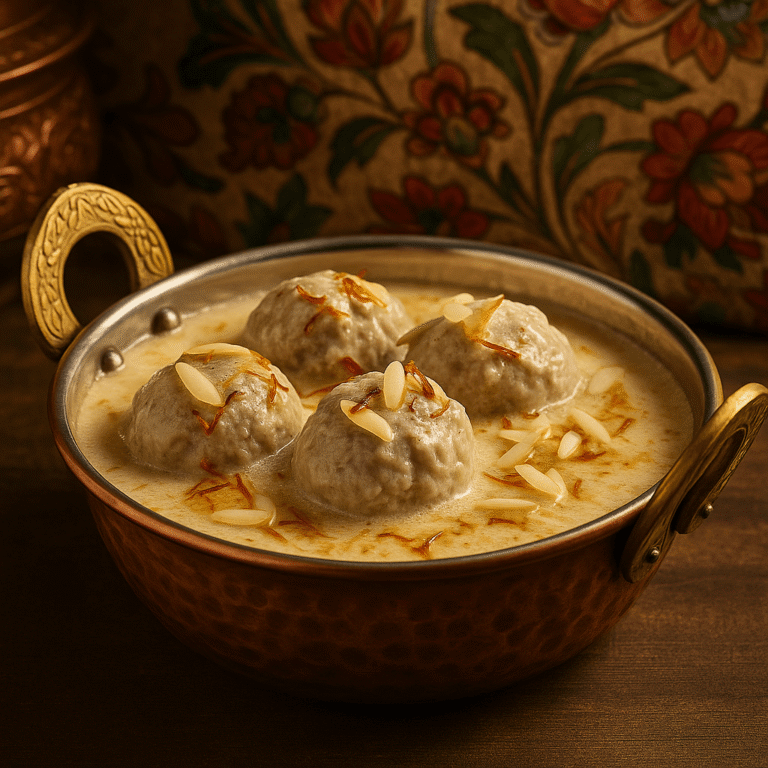 Authentic Kashmiri Gushtaba by Chef Nalini Sadhu at Matamaal Noida, served in a traditional copper bowl with saffron and almonds