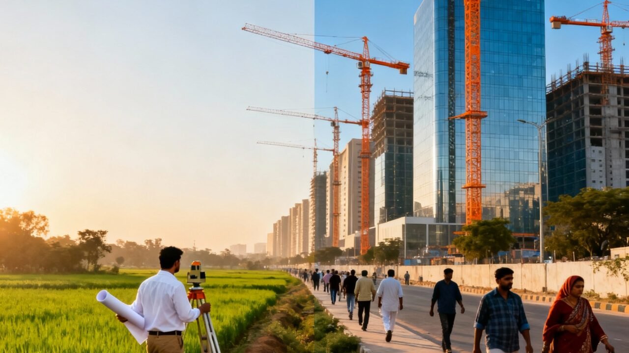 Transition from rural fields to modern Noida cityscape, land surveyors, construction cranes, local community, urban development