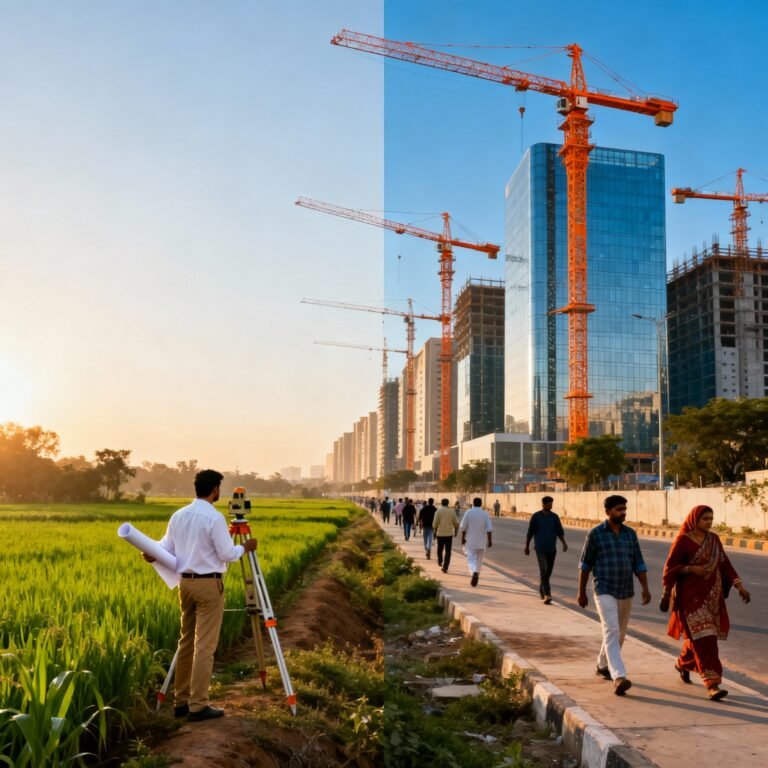 Transition from rural fields to modern Noida cityscape, land surveyors, construction cranes, local community, urban development