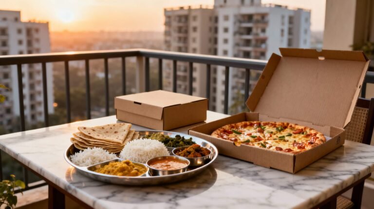 Indian veg thali and pizza from cloud kitchens on a marble balcony table at sunset in a Noida high-rise apartment.
