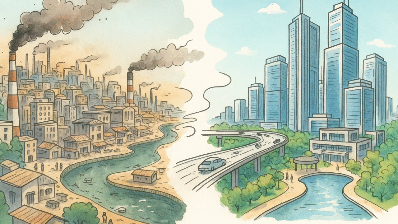 Contrasting hand-drawn illustration of Noida's transformation: industrial pollution and crowded factories on one side, modern smart city with green parks, expressway, and high-rise buildings on the other, overlapping collage style