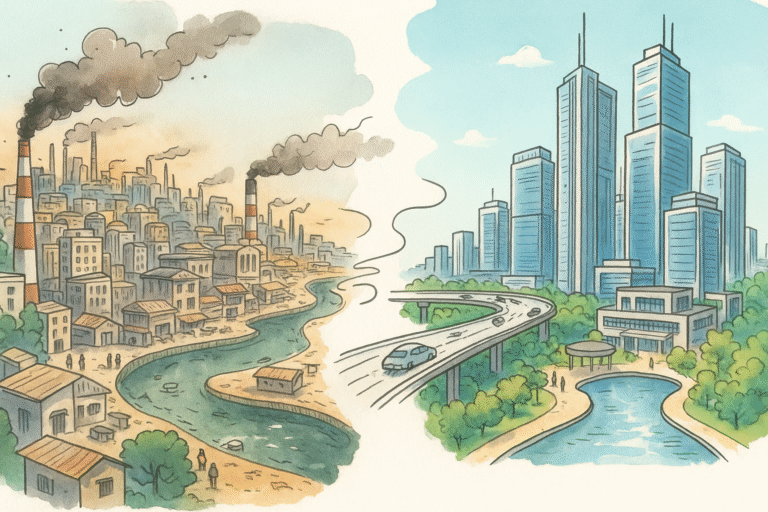 Contrasting hand-drawn illustration of Noida's transformation: industrial pollution and crowded factories on one side, modern smart city with green parks, expressway, and high-rise buildings on the other, overlapping collage style