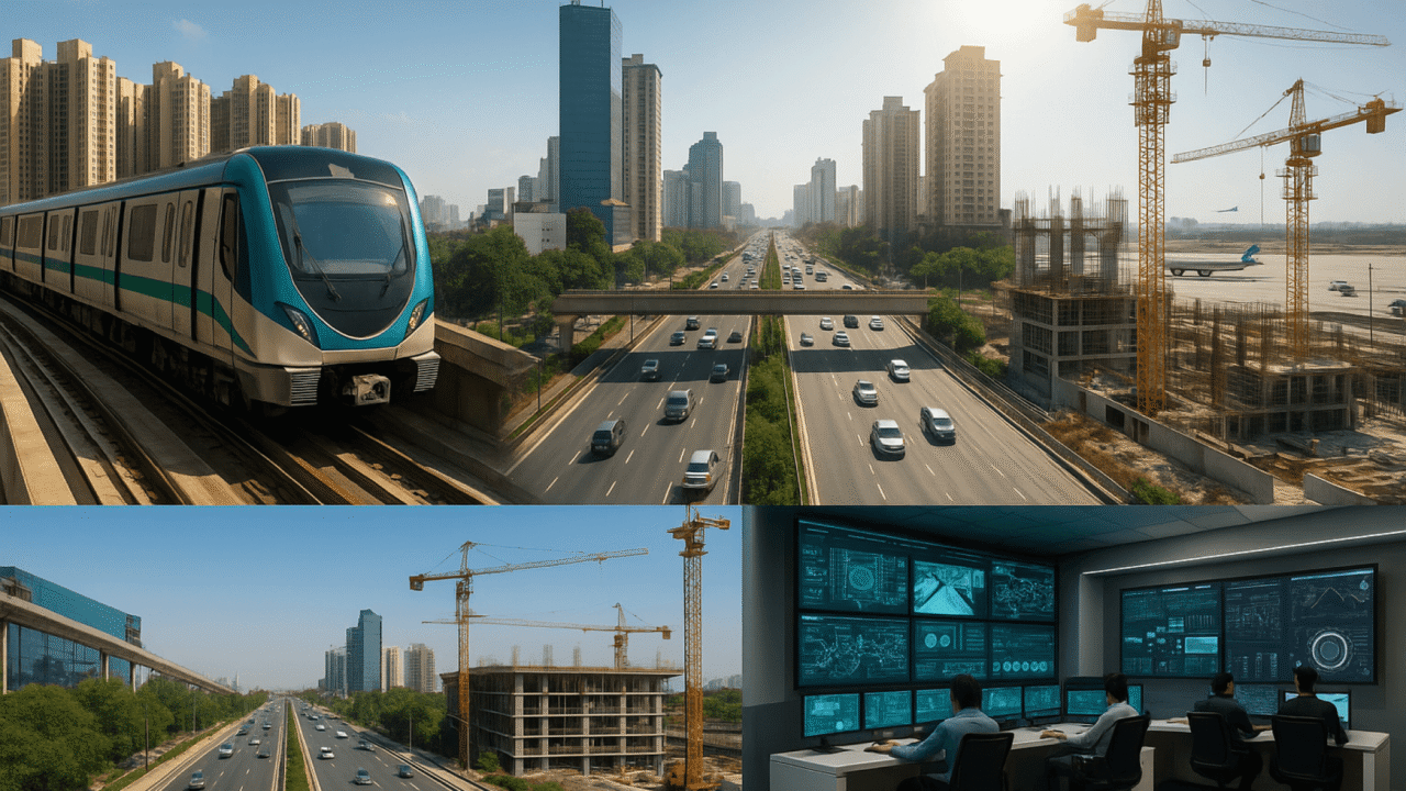 Collage of Noida Aqua Line Metro, expressway, airport construction, city skyline, and smart city hub depicting infrastructure progress in 2025