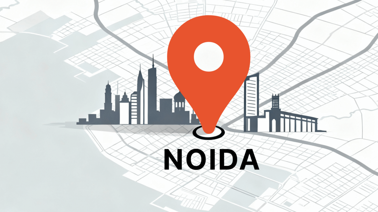 Map of Noida city with skyline and location pin symbolizing real estate and infrastructure news
