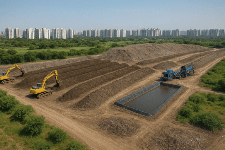 Aerial view of bio-mining work at Noida Sector 145 showing windrows, excavators, trommel machines and a lined leachate pond.
