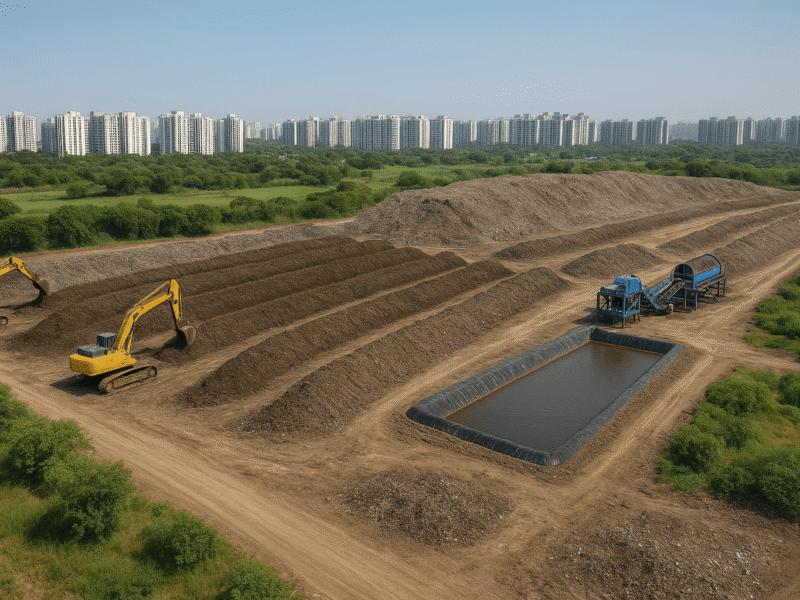Aerial view of bio-mining work at Noida Sector 145 showing windrows, excavators, trommel machines and a lined leachate pond.