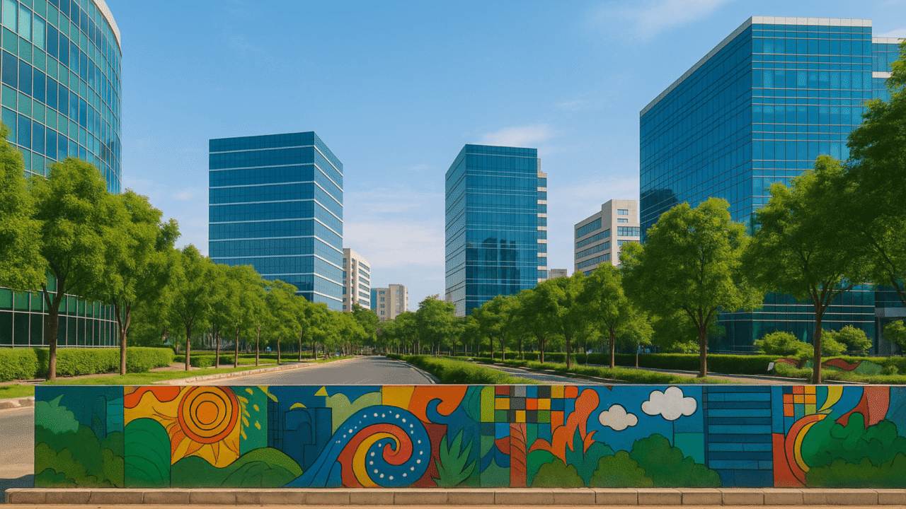 Modern glass office buildings and tree-lined boulevard in Sector 107 Noida, highlighting vibrant urban infrastructure and green spaces.