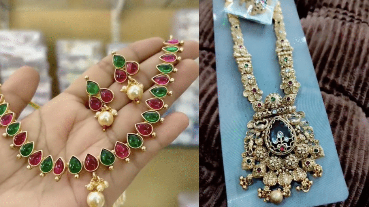 Handcrafted designer earrings and necklace from The Jhumka Store, showcasing vibrant colors and intricate detailing by Noida artisan Princy Jain.