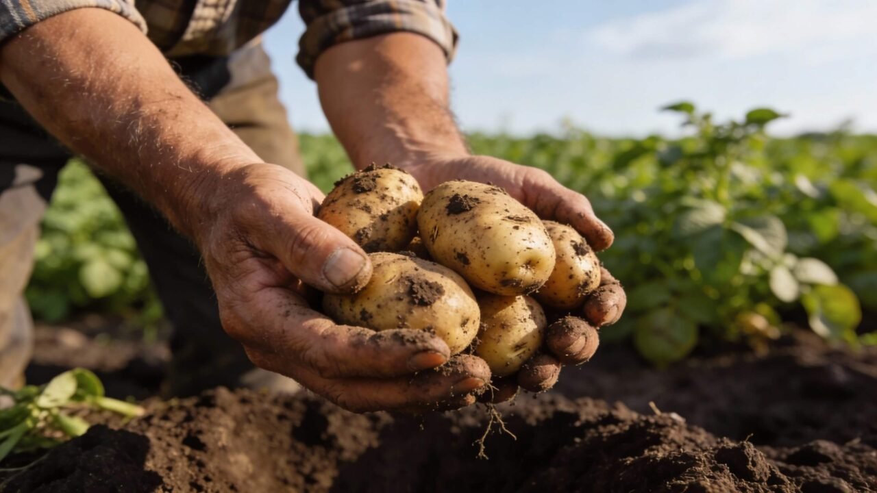 Farmer holding freshly harvested potatoes over soil in a green field near Greater Noida during the Global Potato Summit 2025
