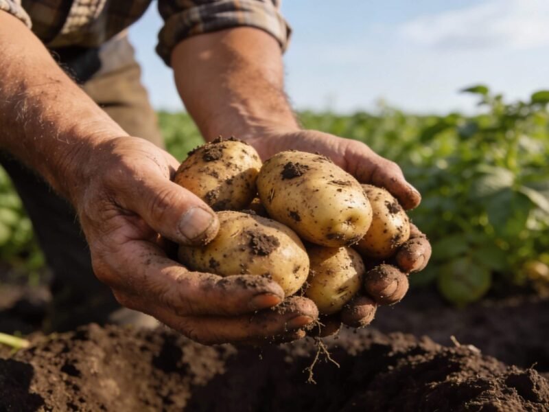 Farmer holding freshly harvested potatoes over soil in a green field near Greater Noida during the Global Potato Summit 2025