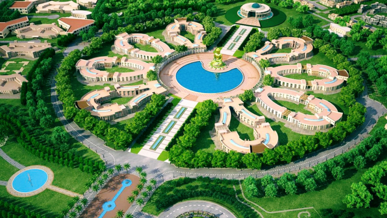 Aerial view of GIMS Greater Noida lotus-shaped medical campus in Gautam Budh Nagar