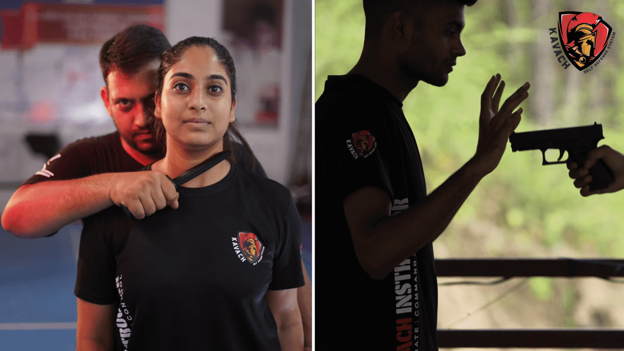 Kavach Krav Maga students in Noida practising defence against knife at neck and close range gun threat during self defence training