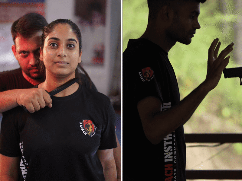 Kavach Krav Maga students in Noida practising defence against knife at neck and close range gun threat during self defence training