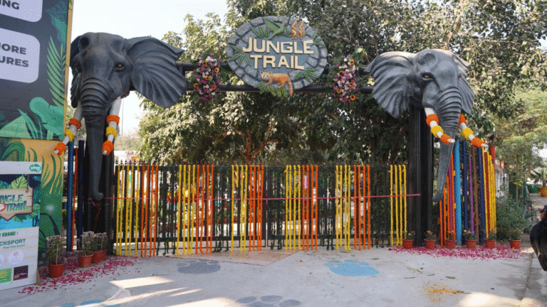 Entrance of Jungle Trail waste to wildlife park in Sector 94 Noida with decorative elephant gateways and colourful floral fencing