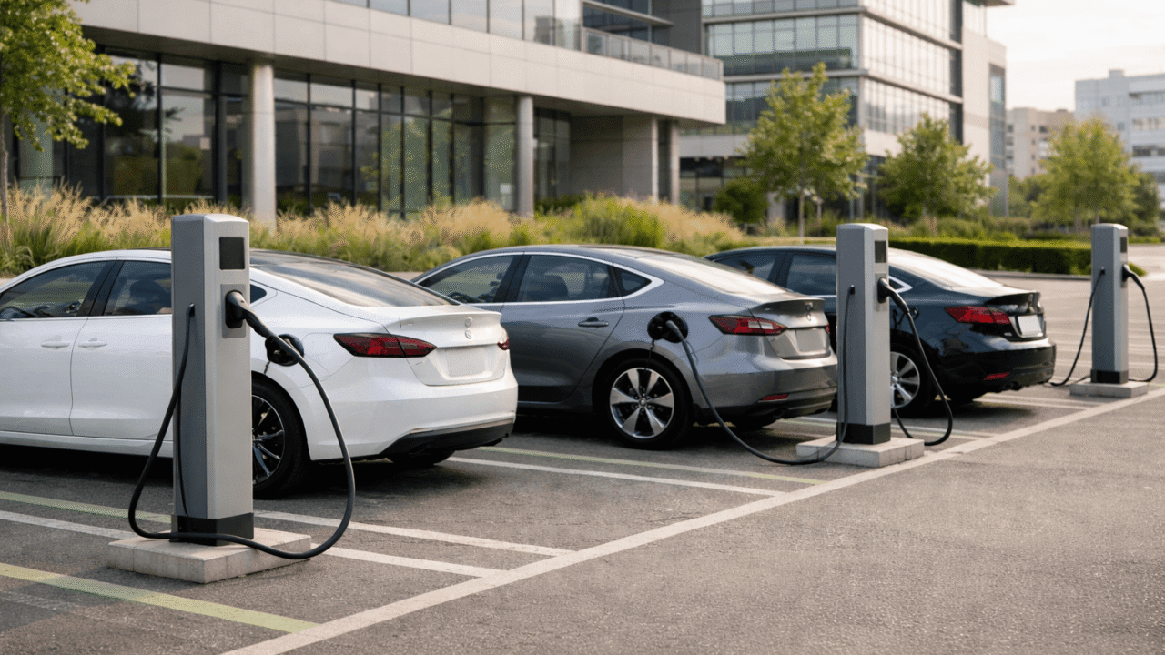 Three electric cars charging at public EV stations in a parking lot outside a modern office building, showing clean and sustainable city mobility