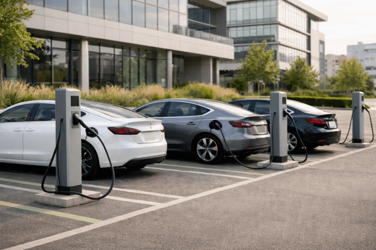 Three electric cars charging at public EV stations in a parking lot outside a modern office building, showing clean and sustainable city mobility