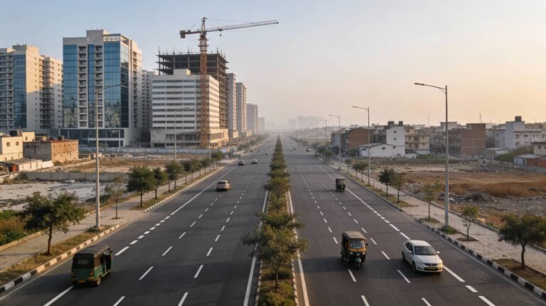Wide newly built road in noida with mid-rise buildings and construction crane showing ongoing urban development