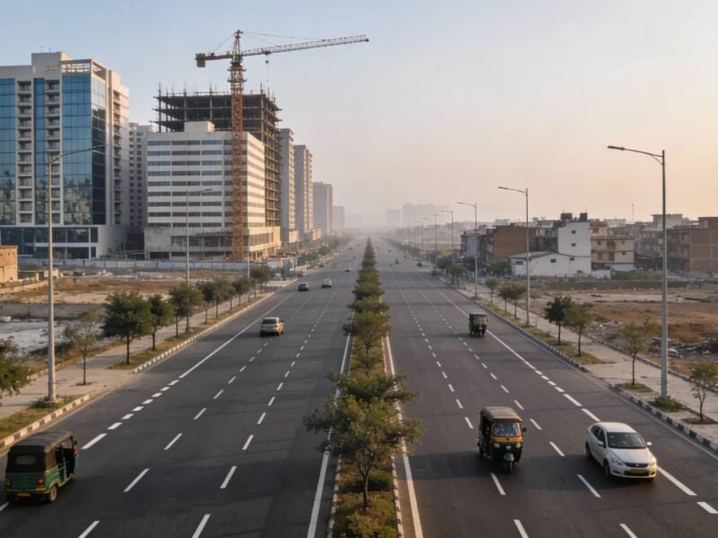 Wide newly built road in noida with mid-rise buildings and construction crane showing ongoing urban development