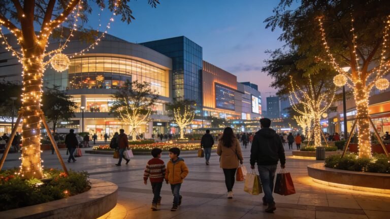 Families enjoying a winter evening at a lit-up plaza in Noida with malls and trees decorated with fairy lights